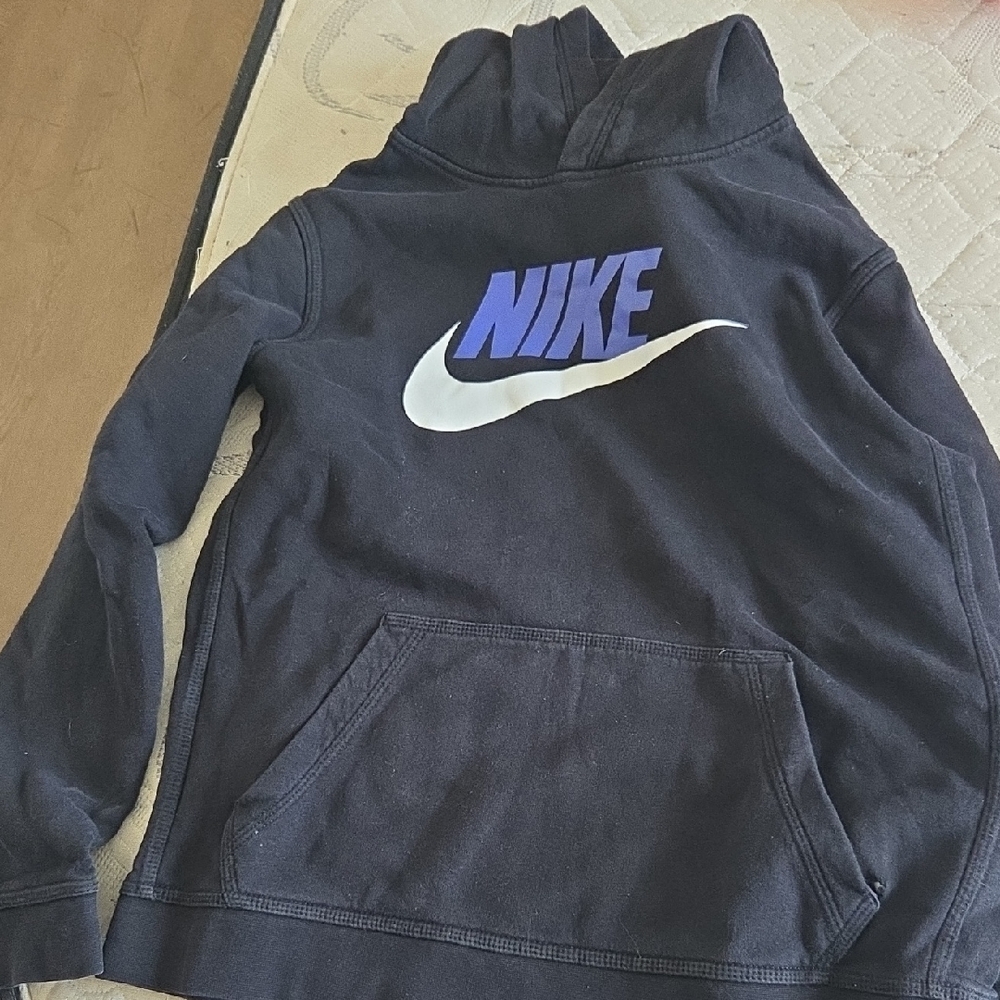 Nike Black Hoodie with Purple NIKE Text and White Swoosh